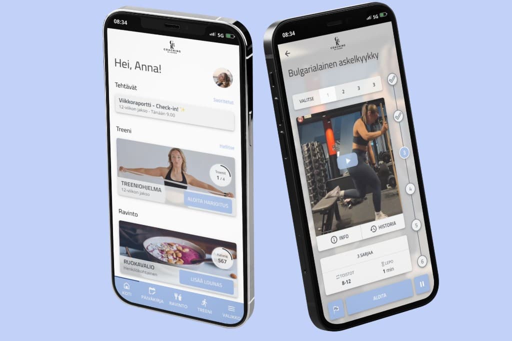 A coaching app customized for Kaarin’s clients — workout program and exercise view