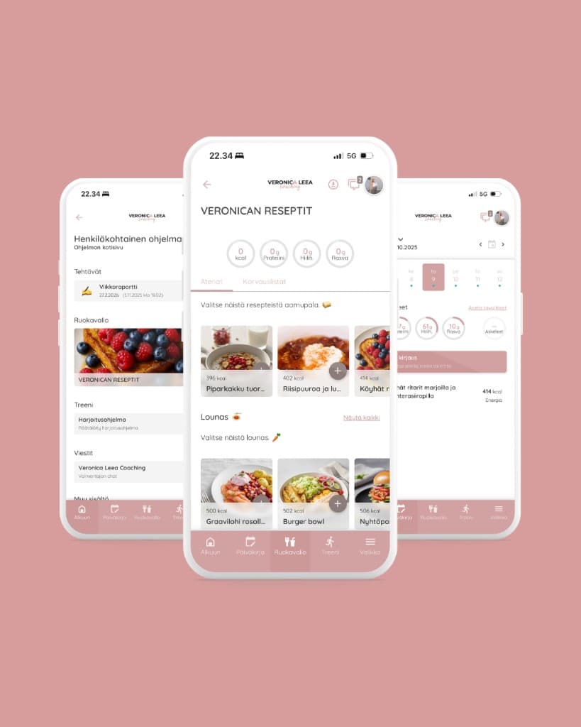 Veronica Leea Coaching custom-branded app showing recipes and daily diary views